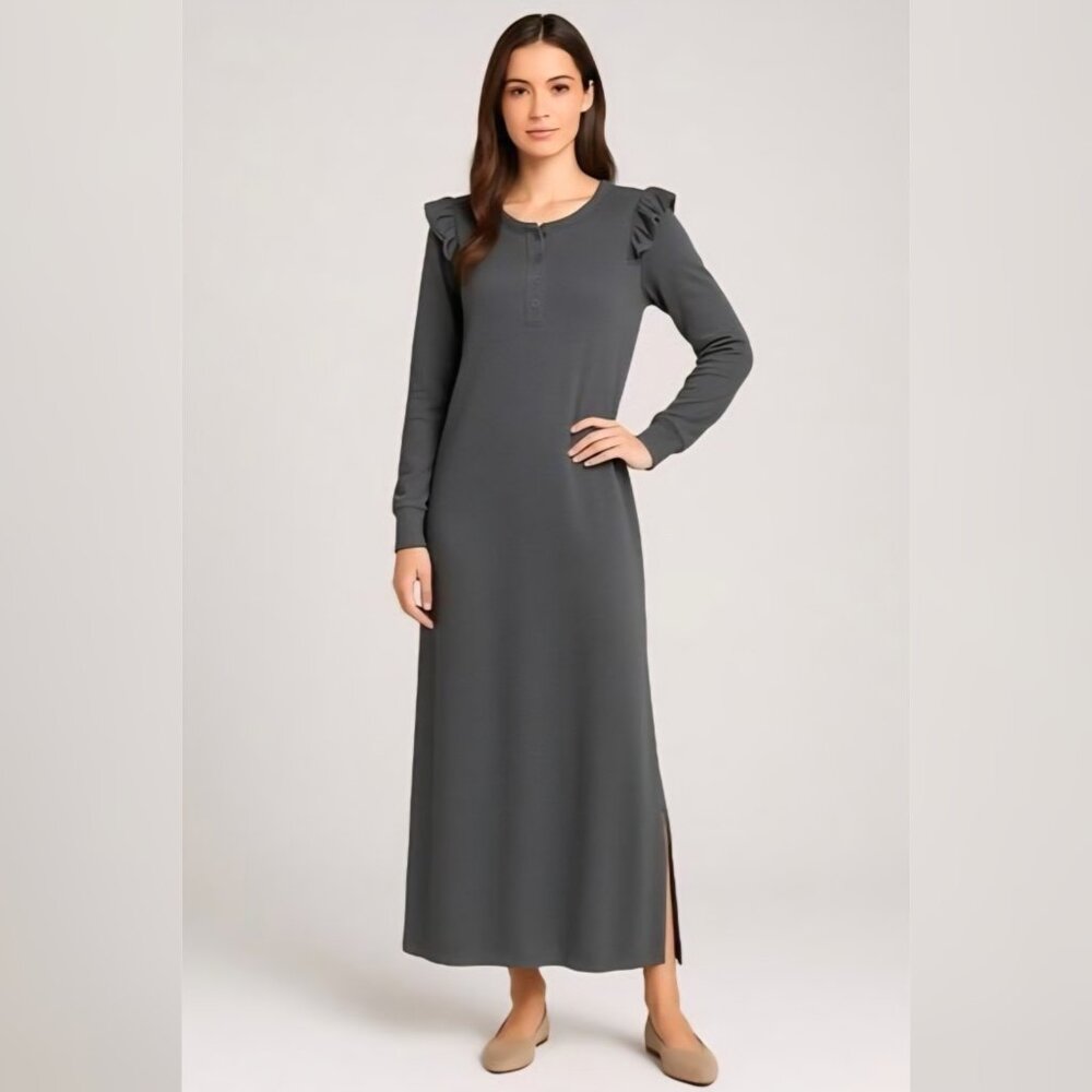 New Revolve Z Supply - S Women's Ruffle Maxi Dress Charcoal Gray Cotton Lounge